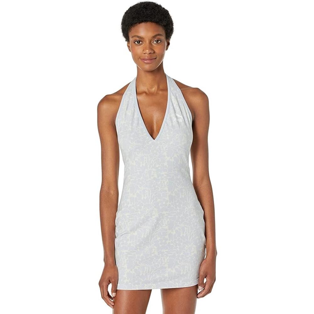 Puma Blue & White Floral Halter Mini Dress XL Summer Resort AOP Tennis Core